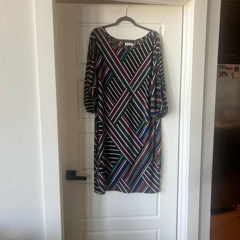 Calvin Klein Black Multicolor Diagonal Stripe Midi Dress